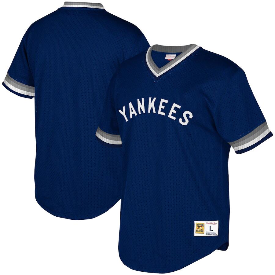 Men's New York Yankees Blue Mitchell & Ness Cooperstown Collection Mesh Wordmark V-Neck Jersey Men's New York Yankees Blue Mitchell & Ness Cooperstown Collection Mesh Wordmark V-Neck Jersey